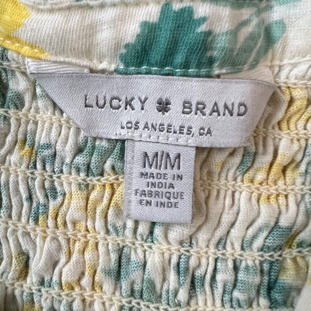 Lucky Brand Lemon Yellow Floral Ruffle Cap Sleeve Top Sz M - Picture 5 of 12